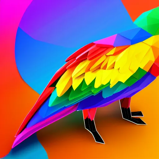 Image similar to isometric vector low poly rainbow parrot icon, black background, cgsociety, volumetric lighting, artstationhq