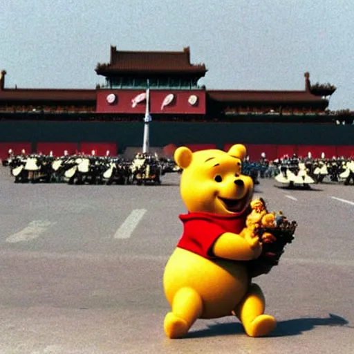 Image similar to Winnie the Pooh riding a tank in Tiananmen square, June 5, 1989, hyperrealistic, photorealistic, ultra hd, 4k, award-winning, cinematic lighting, historic, ominous