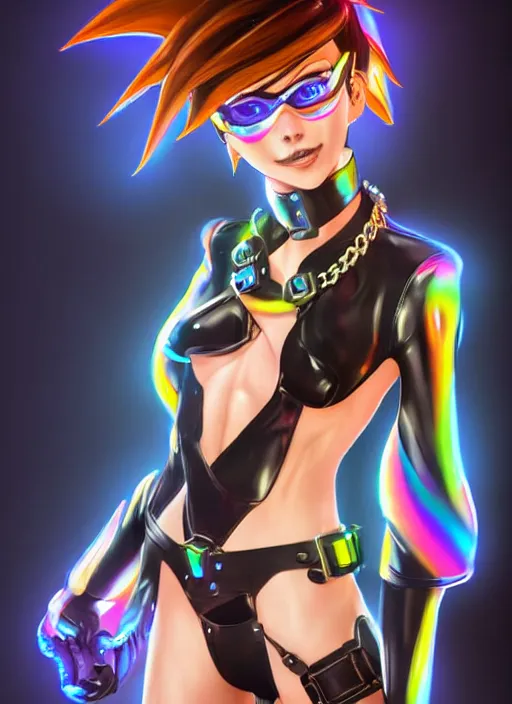 Image similar to full body digital artwork of tracer overwatch, wearing black iridescent rainbow latex bikini, 4 k, expressive happy smug expression, makeup, in style of mark arian, wearing detailed black leather collar, wearing chains, black leather harness, leather cuffs around wrists, detailed face and eyes,
