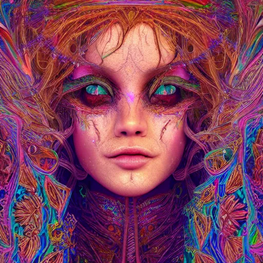 Prompt: beautiful witch, hyper detailed, flowing psychadelic background intricate and detailed, 8 k, octane render