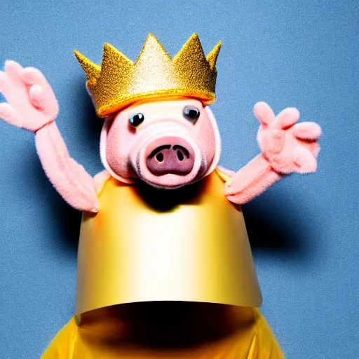 Prompt: studio photograph of a pig wearing a gold crown depicted as a muppet holding a protest sign