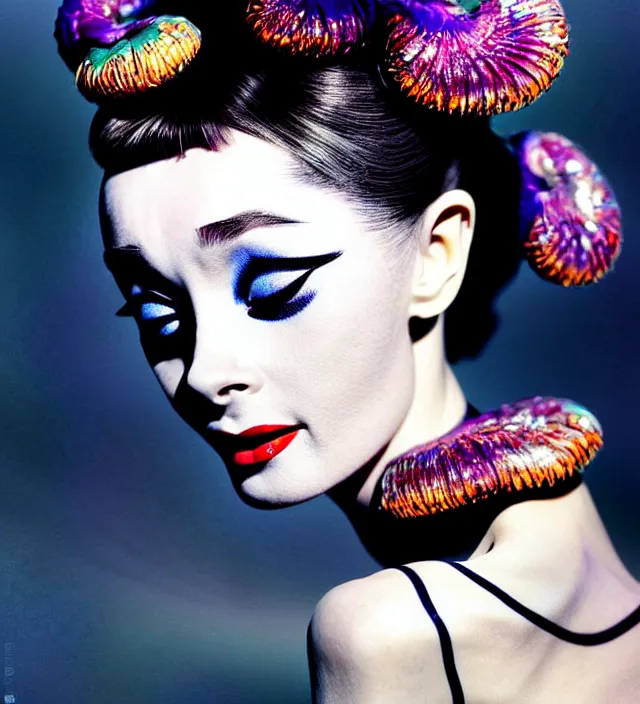 Image similar to photography facial portrait in a gaz station at night of seductive actress audrey hepburn with a dressed from * iris van herpen *, with stylish colorfull makeup. intriguing soft back lighting, geisha tattoo, highly detailed, skin grain detail, photography by paolo roversi, nick knight, helmut newton, avedon, araki