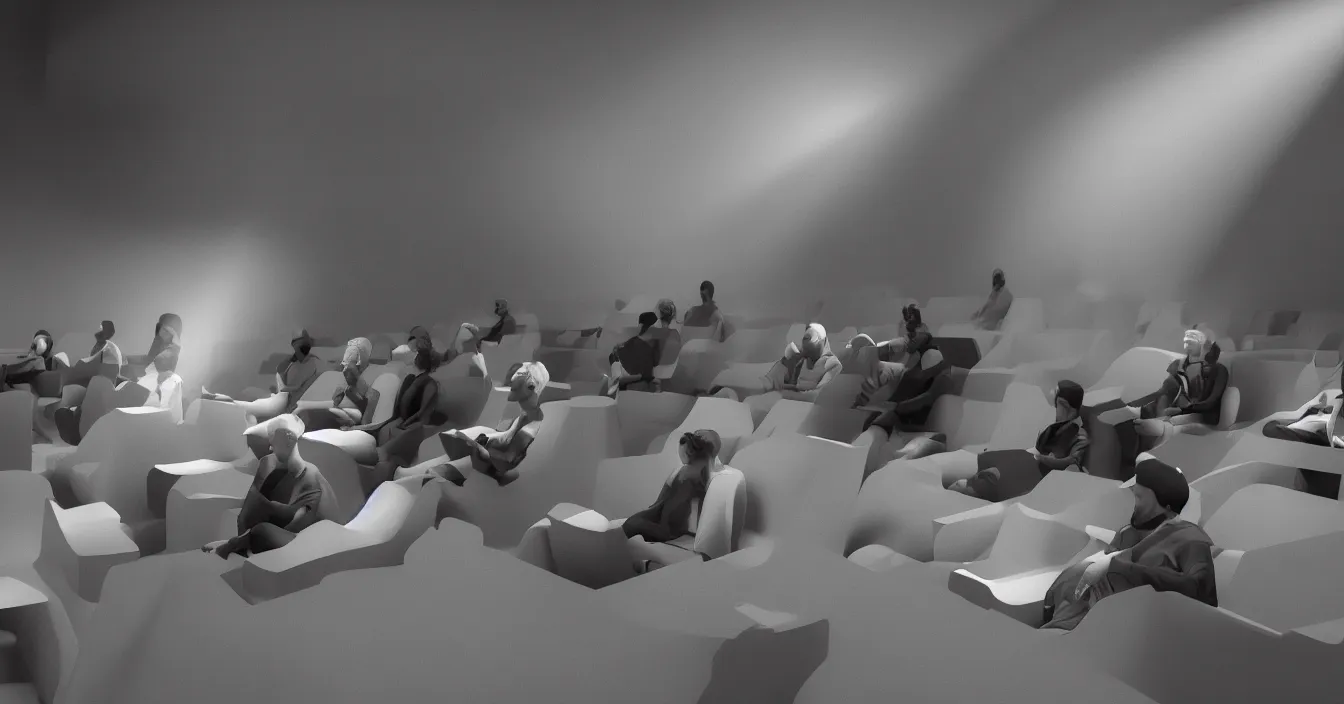 Prompt: human beings sit in the cinema and watch the illusions of their lives on screen of life, which project the volumetric light of consciousness, realistic, deep sense of spirituality, contrast shading, unreal engine, vray, style of tibor nagy
