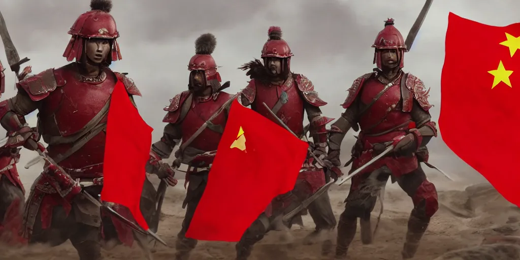 Image similar to mid shot cinematic artwork of an ancient Chinese army wearing red armor and holding red flags on the battlefield by greg rutowski, masterpiece, 4k