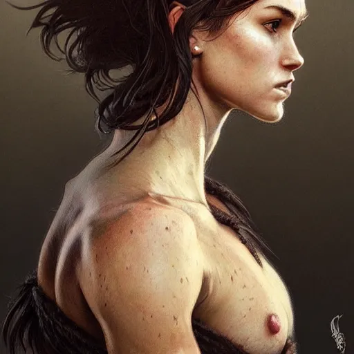 Image similar to back portrait of a rugged female ranger, full body, hairy torso, D&D, fantasy, intricate, elegant, highly detailed, digital painting, artstation, concept art, matte, sharp focus, illustration, art by Artgerm and Greg Rutkowski and Alphonse Mucha