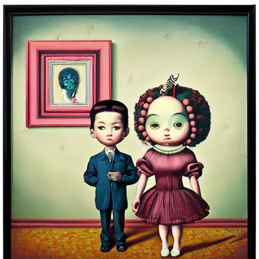 Prompt: a couple and their child portrait, living room wall background, lowbrow art pop surrealism art style, by Mark Ryden and Hikari Shimoda