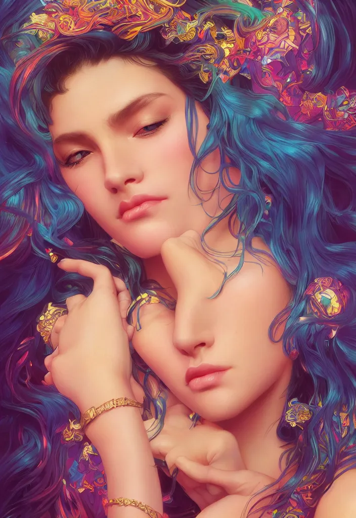 Image similar to beautiful, young woman, detailed gorgeous face, vaporwave aesthetic, synthwave, colorful, psychedelic, artstation, concept art, smooth, extremely sharp detail, finely tuned detail, ultra high definition, 8 k, unreal engine 5, ultra sharp focus, illustration, art by artgerm, greg rutkowski and alphonse mucha
