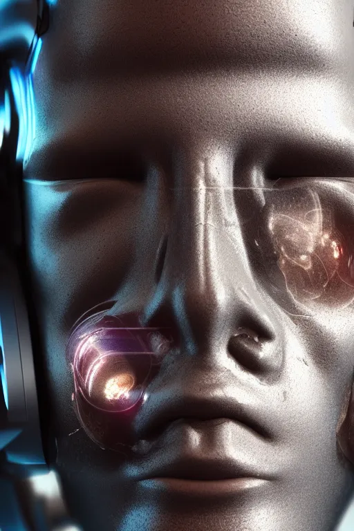 Image similar to closeup shot of a cyborg head, macro shot, dof, cinematic, volumetric lighting, studio shot, octane render, 4 k