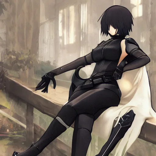 Image similar to yorha 2 b reclining in heavy armor by studio ghibli