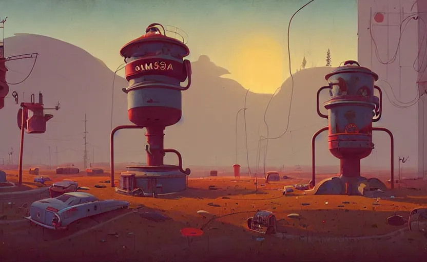 Prompt: by simon stalenhag, dead samovar, high quality details, one point perspective, denoise deep depth of field