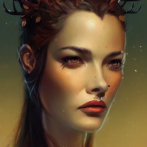 Image similar to a dramatic portrait of a woman showing affection to deer, cinematic lighting, symmetric face by karol bak, christopher balaskas