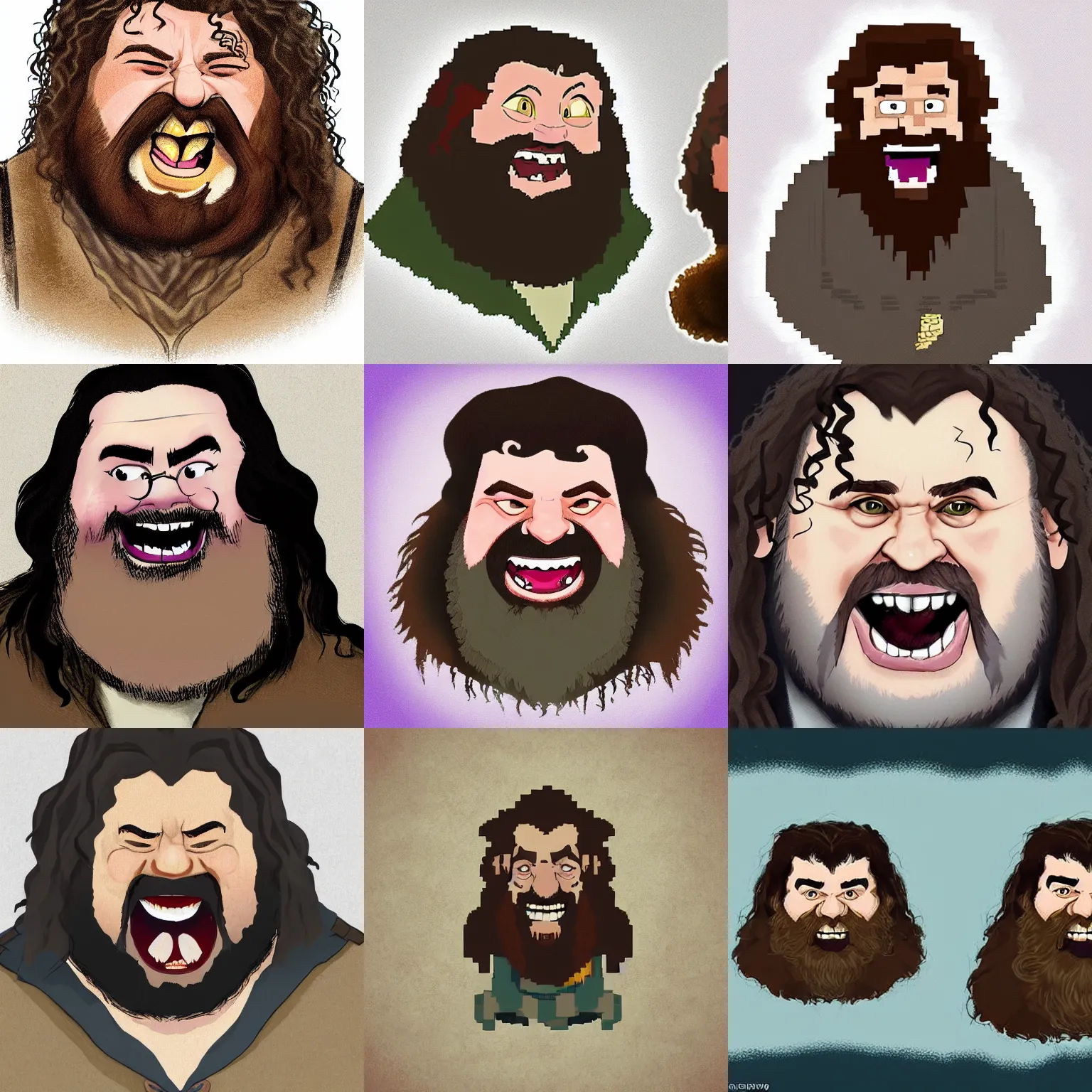 Prompt: pixellated hagrid, laughing, drawn in the style of disney, concept art