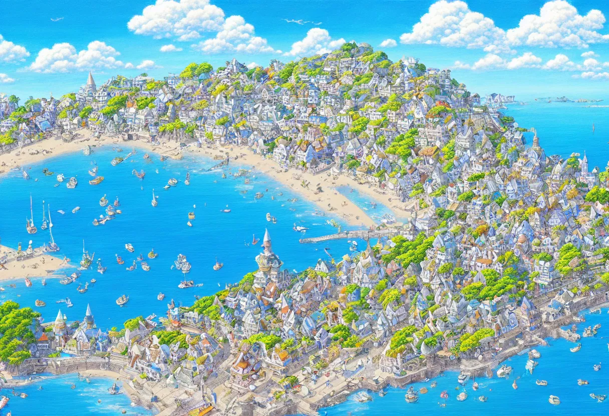 Image similar to a beautiful ultradetailed painting of a seaside town, sunny, close shot, studio ghibli sunlight, archdaily, wallpaper, highly detailed, trending on artstation