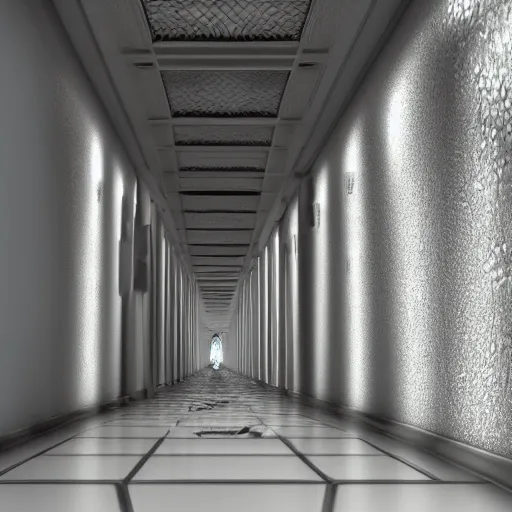 Prompt: infinite white metallic hallway with different colored lizards crawling on the walls, 4k realistic photo