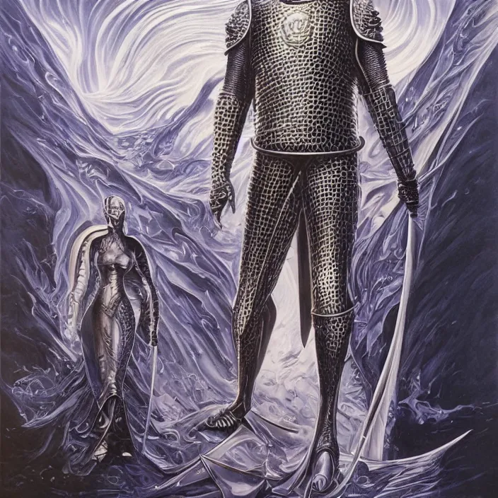 Image similar to teutonic knight, full body, high fashion, latex, futurist, aerodynamic, metallic, sharp, flowing, slick, highly detailed, motion, concept art, smooth, sharp focus, hd, art by alex grey and bruce pennington and annie leibovitz