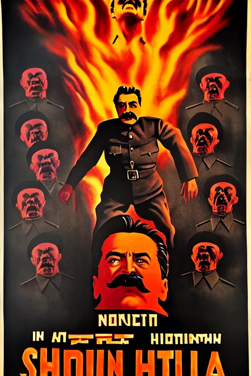 Image similar to movie poster, stalin in hell, scary poster in color, poster in 4 k