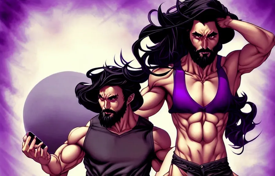 Image similar to a chad with wavy black hair and a beard. muscular. godlike. tank top. using a computer, comic cover art, artgerm, joshua middleton, pretty stella maeve witch doing black magic, serious look, purple dress, symmetrical eyes, symmetrical face, long black hair, full body, twisted evil dark forest in the background, cool colors