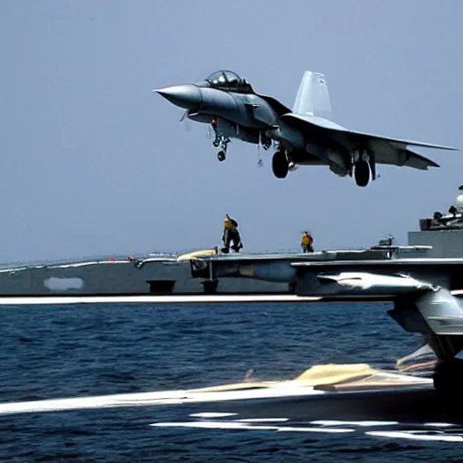 Image similar to f 1 4 tomcat launching off of an aircraft carrier at high speeds, realistic, battleship, ocean, fighter jet.