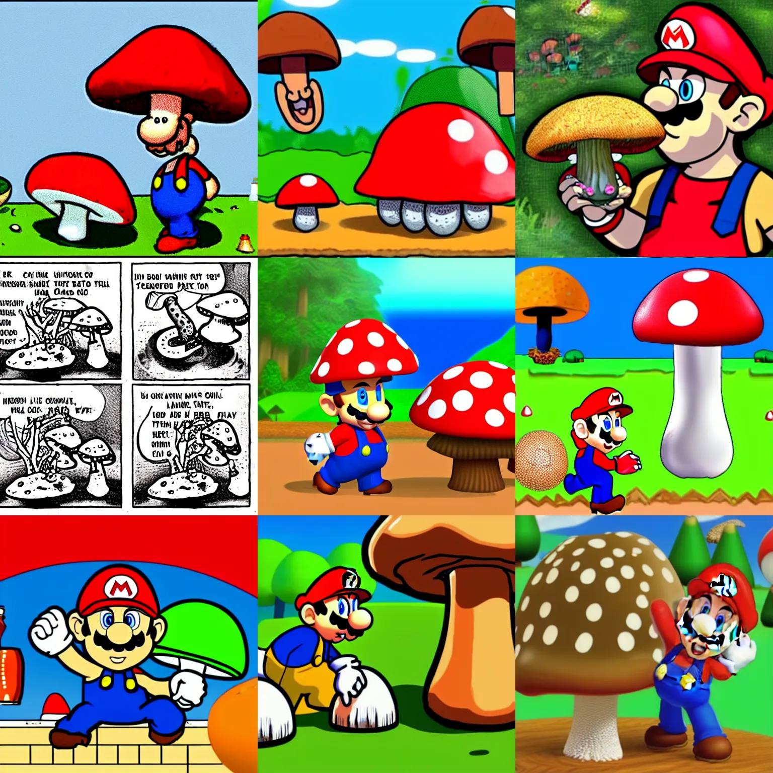 Prompt: drunk mario eats big fly agaric mushroom and drinks aluogol, cartoon