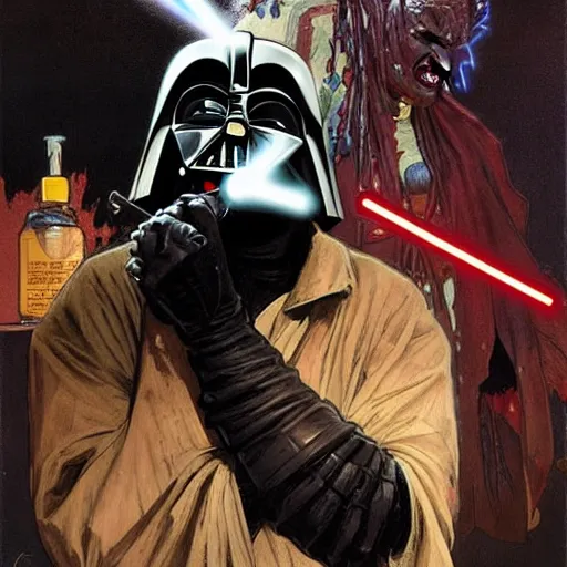 Prompt: crackhead darth vader smoking crack cocaine by mcfarlane, alphonse mucha, artgerm and greg rutkowski and magali villeneuve. drug addicts