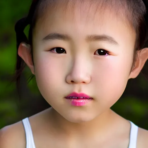 Image similar to portrait photo head and shoulders child Korean girl full lighting flash photo, Brightly lit, eyebrows exposed no hair on face mouth closed looking directly into camera