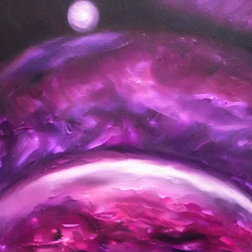 Image similar to purple mystical planet, oil painting, detailed, brush strokes, vivid, gothic, dark, brooding