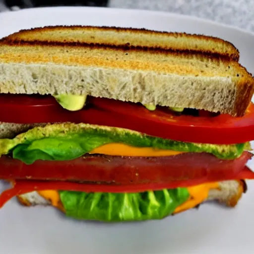 Image similar to sandwich with fried tofu, one red tomato slice, mayo, onion, avocado, melted cheddar, red dish, background : jupiter and stars in the sky