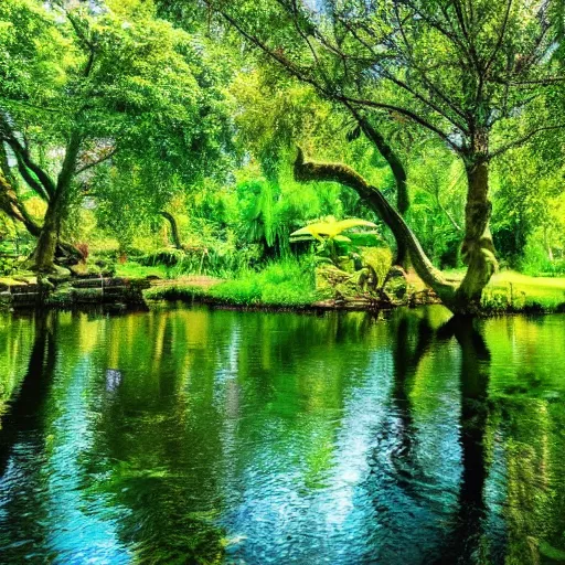 Prompt: a dreamy oasis with lush green plants and trees surrounding a beautiful small lake