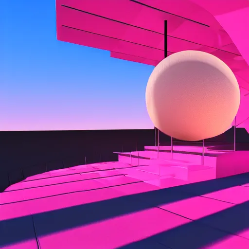Image similar to surreal 3 d vaporwave raytraced scene, global illumination, floating illuminated orbs, pink staircase, trending on artstation, masterpiece
