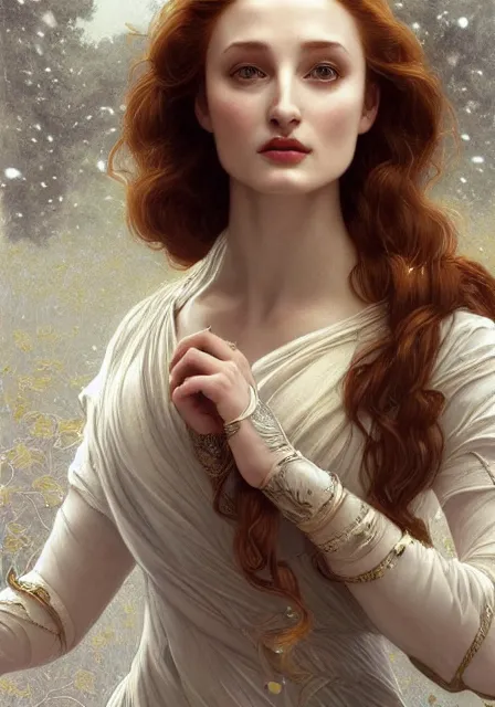 Image similar to sansa angeline jolie gessica chastain white snow skin, intricate, elegant, highly detailed, digital painting, artstation, concept art, smooth, sharp focus, illustration, art by artgerm and greg rutkowski and alphonse mucha and william - adolphe bouguereau