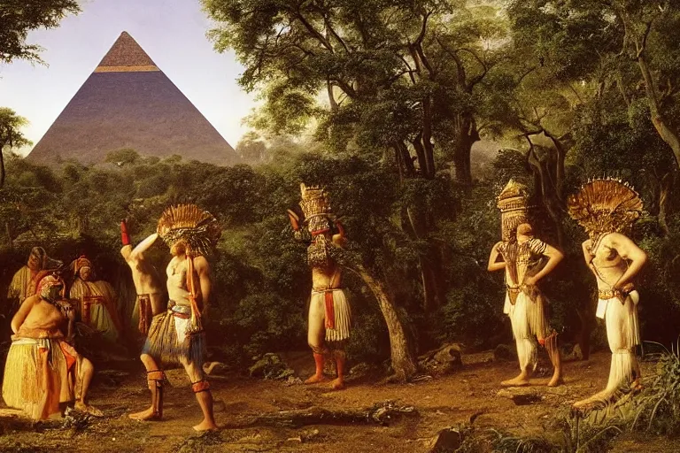 Image similar to Priests bowing before Aztec pyramid in jungle by Ludwig Deutsch and Rudolf Ernst, strong dramatic cinematic lighting, lost civilizations, smooth, sharp focus, extremely detailed