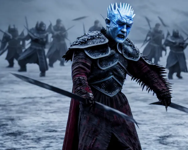 Image similar to justin sun as night king in game of thrones attacked by huge crimson - black bee army, 4 k, epic, cinematic, focus, movie still, fantasy, extreme detail, atmospheric, dark colour, sharp focus