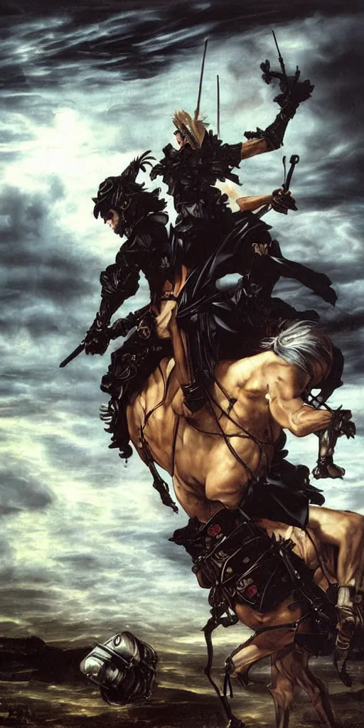 Prompt: spanish police arresting donquixote during a stormcloud with dramatic airbrushed clouds over black background by Luis royo and Caravaggio airbrush fantasy 80s, realistic masterpiece