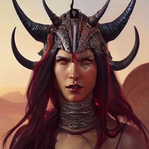 Prompt: portrait of a strong fierce berber tiefling woman with red skin, devil horns and black hair in a ponytail wearing a steel chestplate in a desert, fantasy, highly detailed, digital painting, artstation, concept art, character art, art by greg rutkowski, tyler jacobson, alphonse mucha, ross tran and makoto shinkai