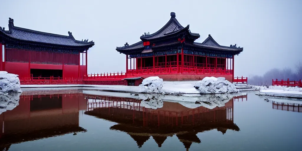 Prompt: ancient chinese palace on ice lake, cyberpunk