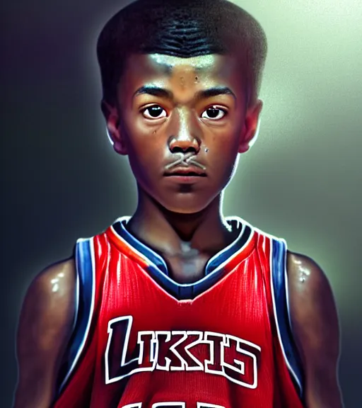 Prompt: portrait of a boy at a basketball court playing basketball wearing a basketball jersey in a basketball court standing near the basketball hoop, intense emotion, detailed facial expression, detailed surroundings, intricate, elegant, highly detailed, centered, digital painting, artstation, concept art, smooth, sharp focus, illustration, by (Michelangelo), WLOP