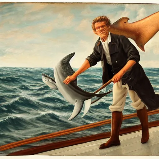 Prompt: Old sailor Willem Dafoe in captain's clothes holds a shark at arm's length, stands on the deck against the background of a raging sea, the background is blurred, focus in the foreground, realism, details,