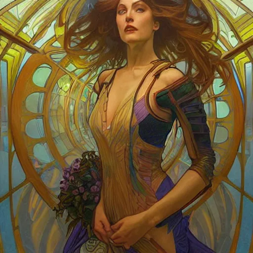 Prompt: a retrofuturist painting in the style of donato giancola, and in the style of charlie bowater, and in the style of alphonse mucha. symmetry, smooth, sharp focus, semi - realism, intricate detail.