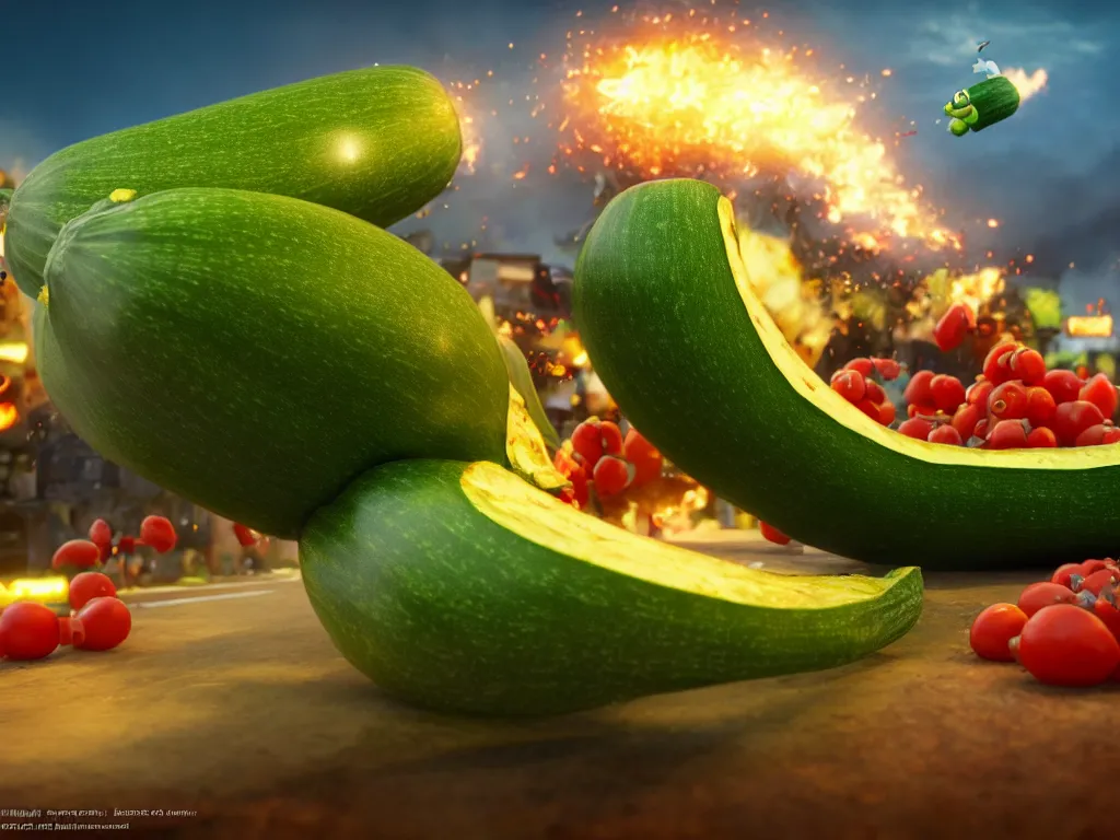 Image similar to detailed 3 d render of a raging zucchini!! character chasing!! down a desperate tomato!, high speed action, explosions, dramatic scene, hyper realistic octane render, cinematic lighting, deviantart, black sky, lowbrow, frame from pixar movie