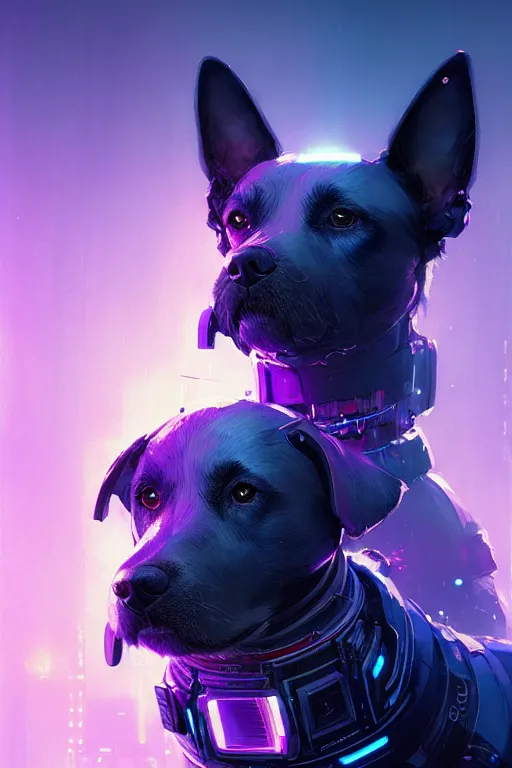 Prompt: a beautiful portrait of a cute cyberpunk dog by greg rutkowski and wlop, purple blue color scheme, high key lighting, volumetric light, digital art, highly detailed, fine detail, intricate, ornate, complex, octane render, unreal engine, photorealistic