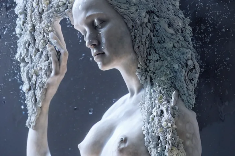 Image similar to a sculpture of a stunningly beautiful woman with flowing tears, fractal flowers on the skin, intricate, a marble sculpture by nicola samori, behance, neo - expressionism, marble sculpture, made of mist, still frame from the prometheus movie by ridley scott with cinematogrophy of christopher doyle, arri alexa, 8 k