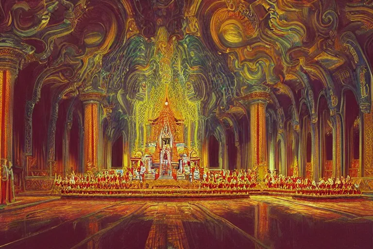 Prompt: megachurch!! Thai Buddhist temple, cavernous interior wide shot, ornate!!, dark rich!! colors, concept artwork by Thomas Cole and Tim Hildebrandt