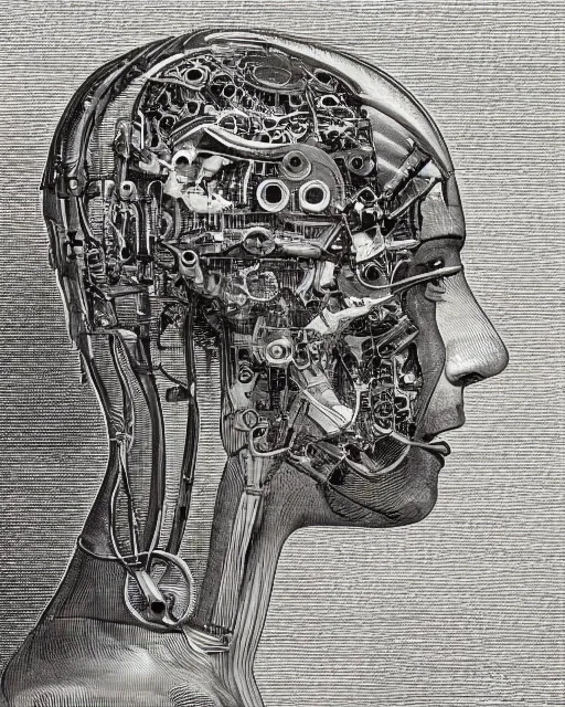 Prompt: intricate machinery in a human head. antique cyborg almacan pierre matter organic mechanical hybrid louis poyet