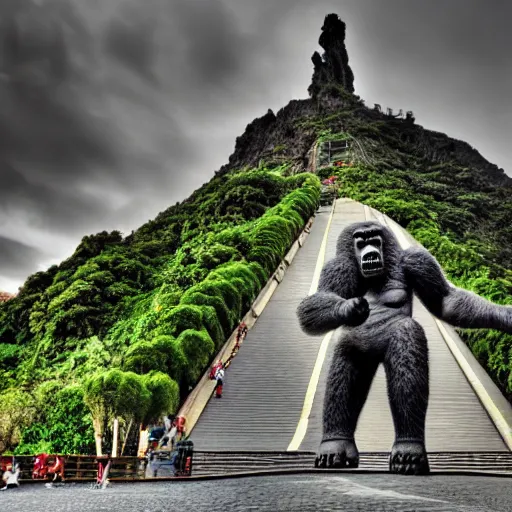 Prompt: king kong walking in funchal's city bay near the streets and sea, trampled, cinematic shot, realistic, hdr, color, wide shot, gigantic