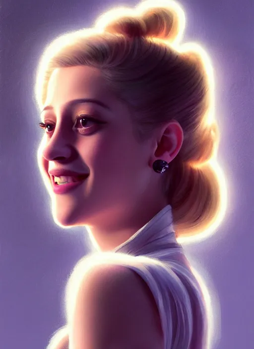 Prompt: portrait of lili reinhart with fluffy bangs, smiling kindly, bangs, 1 9 6 0 s, ponytail, curly bangs and ponytail, intricate, elegant, glowing lights, highly detailed, digital painting, artstation, concept art, smooth, sharp focus, illustration, art by wlop, mars ravelo and greg rutkowski