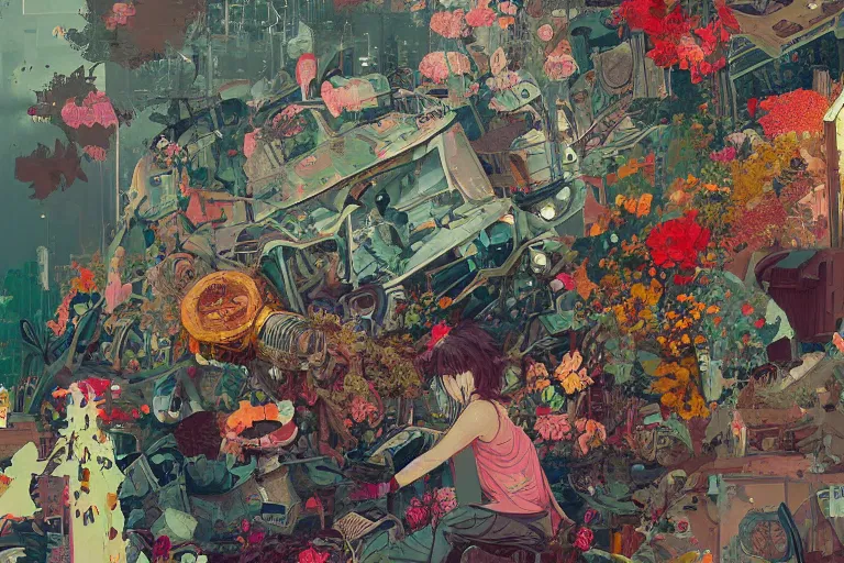 Image similar to a dystopic junkyard, detailed painting, overgrown with flowers, art by Sachin Teng, beautiful lush colors