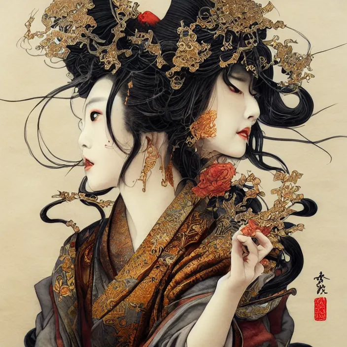 Image similar to asian geisha watercolor painting by yoshitaka amano, daniel merriam, ayami kojima, peter mohrbacher, intricate detail, artstation, artgerm, in the style of darkness - fantasy, rococo, gold leaf art