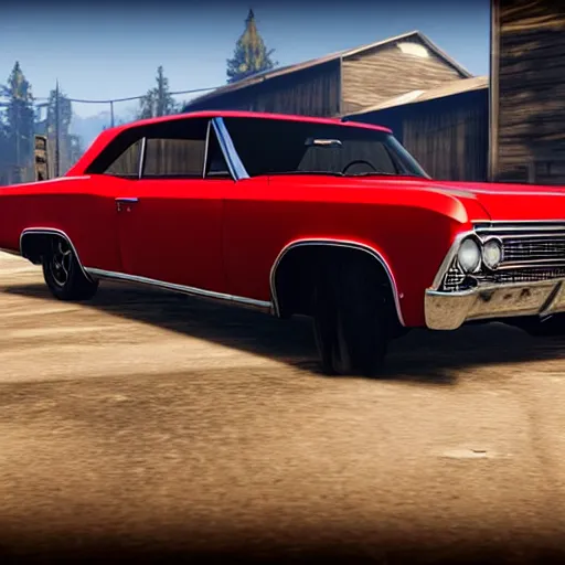 Prompt: 4 door 1 9 6 7 chevrolet impala, painted black, in red dead redemption 2