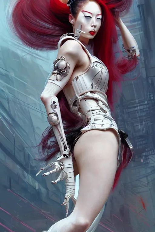 Image similar to > professional dynamtic portrait of female an agile geisha cyberpunk in a dynamic pose , armor elements , long red hair, beautiful bone structure, symmetrical facial features, intricate, elegant, digital painting, concept art, smooth, sharp focus, illustration, by Ruan Jia and Mandy Jurgens , and mucha, and Artgerm and William-Adolphe Bouguerea