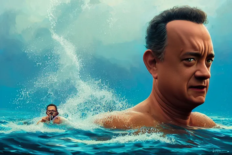 Image similar to portrait of tom hanks swimming in baked beans, an ocean filled of baked beans, charlie bowater, artgerm, ilya kuvshinov, krenz cushart, ruan jia, realism, ultra detailed, 8 k resolution